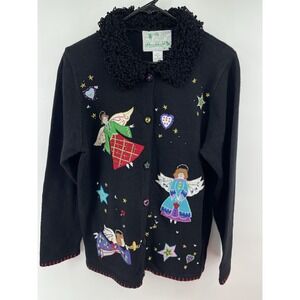 The Quacker Factory Cardigan Women Med Black Angel Embellished Holiday Sweater